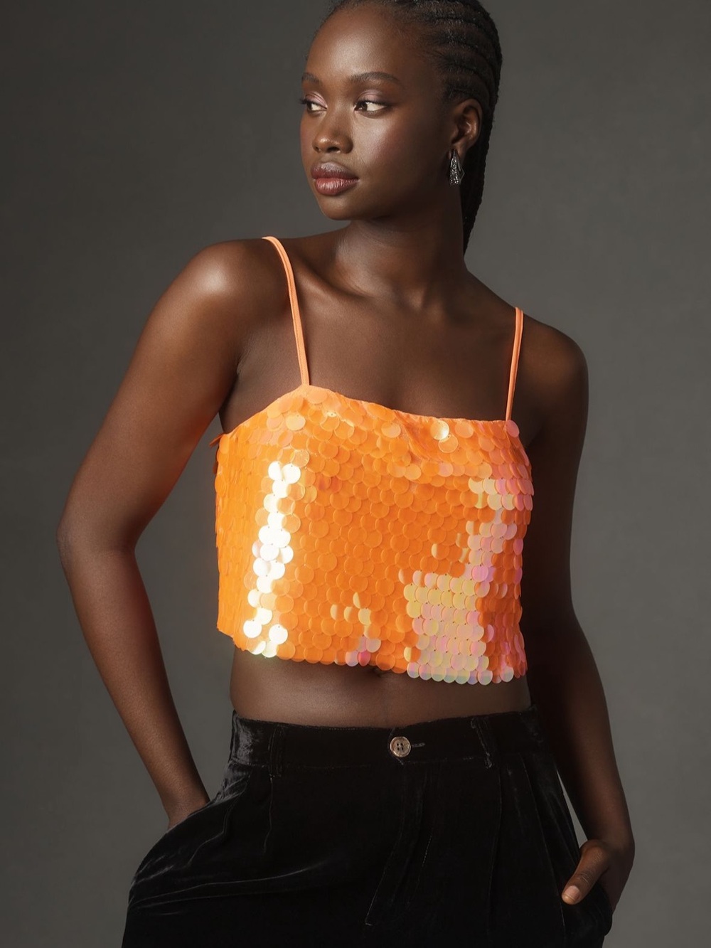 Anthropologie Neon Orange Sequin Crop Tank Top Size XS